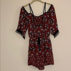 Maroon Floral Cold Shoulder Romper Pockets